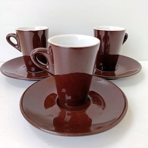 Set of 3 Vintage Italian coffee brown cups with saucers, Tognana porcelain bar&#39;s coffee cups and saucers coffee mugs vintage, made in Italy