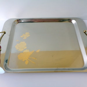 Vintage Italy handled inox tray with Gold 24k floral design signed golden painted roses inox tray, serving inox tray Italy wedding gift