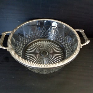 Vintage Italië EP Zink Versilbert-kom met twee handvatten, zware glazen schaal, slakom, serveer fruitschaal, vintage Italiaanse metalen rand