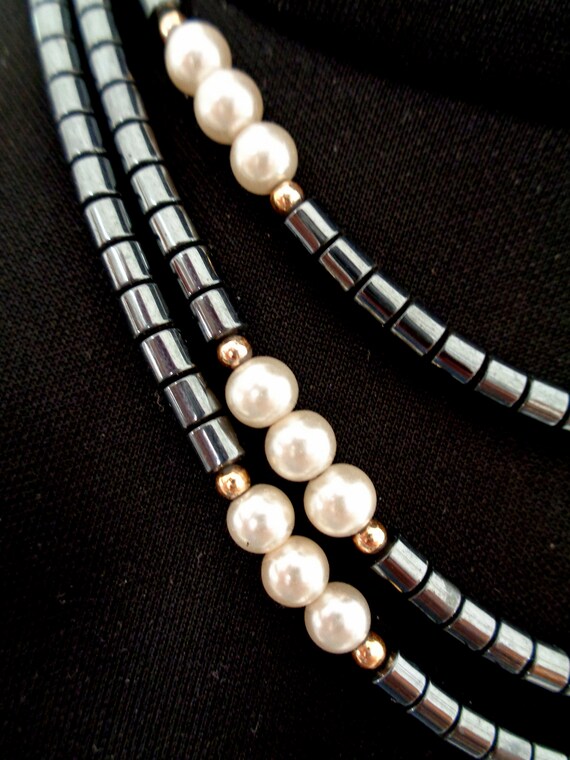 Vintage Italian Three-strand Necklace Hematite and Glass Pearled 
