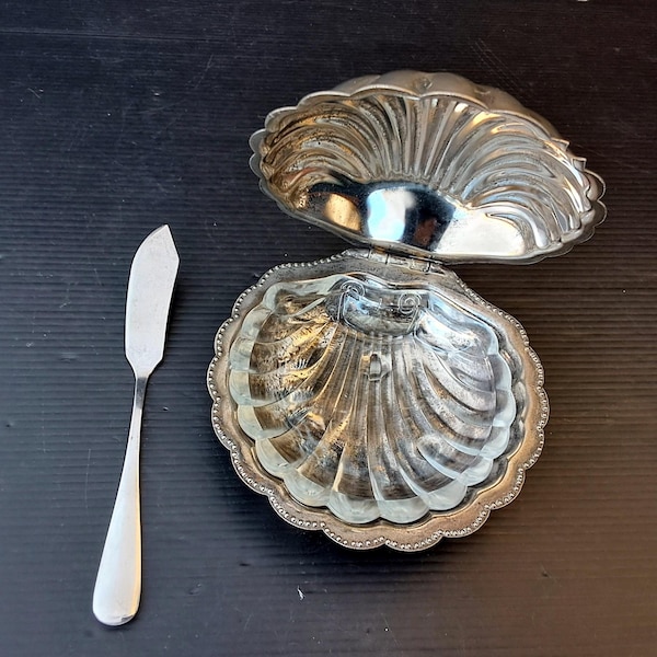 Antique Italian serve caviar, bowl Dish, Shell Shaped Dish,  shell shaped  bowl with knife Seashell plate, Caviar  Bowl