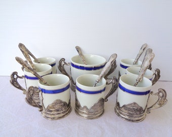 Vintage 70s Weidmann porcelain coffee set sugar bowl, coffee cups, all in silver plated holders, and 8 silver plated stainless coffee spoons