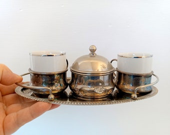 Italian vintage set coffee cups with sugar bowl with silver plated holders on ornated tray, vintage Monopoli coffe mugs with silvered holder