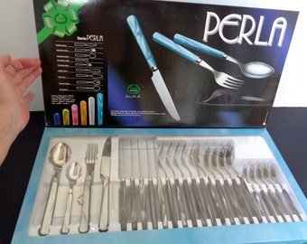 Cutlery Colored Pearly Gray set 24 Pieces in 18/10 steel in Showcase Package, EME cutting Retro Kitchen Untensils, Mid Century Dinning Set