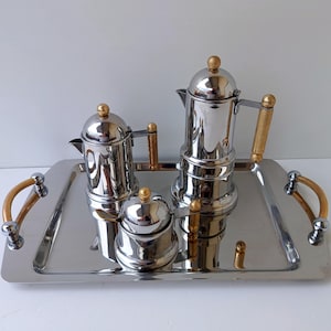 Set in inox 18/10 espresso Italian luxury set espresso coffee, coffee makers 4 cups, lidded sugar bowl with teaspoon, milk bowl, tray.