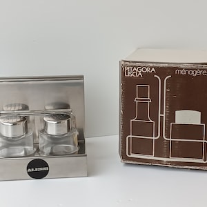 Brand new Vintage Alessi, Oil, Vinegar, Salt, pepper and toothpicks Condiment Set in stainless steel 18/10 and crystal, made in Italy 70s