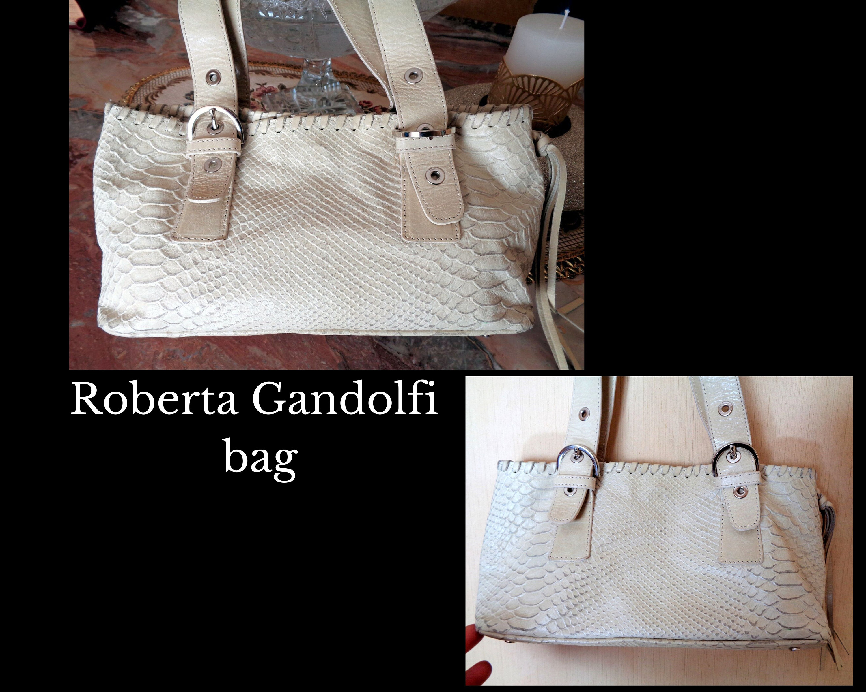 Italian Vintage shoulder bag ecru color marked Roberta Gandolfi vintage genuine leather reptile stamped Italian branded leather handbag