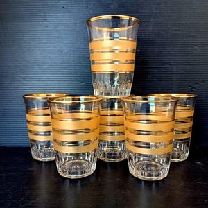 Set 6 Vintage special hand-made glasses with gilded decorative lines, drink Italian liquore, Amaro, Limoncello beakers, restautant decor