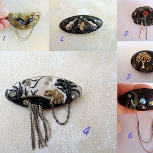 lot 6 Vintage Resin brooch, vintage Italy handmade jewelry, guitar, elephant, golden tree, black resin brooch, musical,  iridescent details