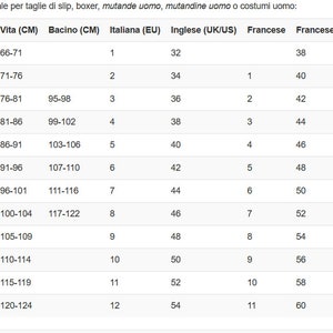 May include: A conversion chart for men's clothing sizes in inches and centimeters. The chart includes international, Italian, English, French, and Spanish sizes for waist, hips, and pants.