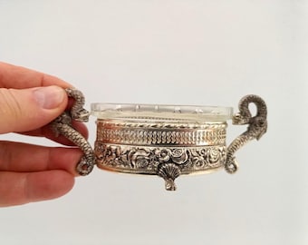 Vintage Italiaans verzilverde zout/mosterd/mierikswortel serveerkelder met glazen kom, handvat op voet met glazen kom