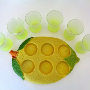 Vintage Italy Special set mat glass cups drinking italian liquore Limoncello in ceramic base in  shape of a slice of lemon beakers