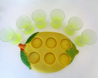 Vintage Italy Special set mat glass cups drinking italian liquore Limoncello in ceramic base in  shape of a slice of lemon beakers