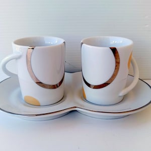 Vintage fine porcelain Set for two persons 2 white coffee cups on douple saucer Carlo Pignatelli, vintage Lemoges porcelain, made in Italy
