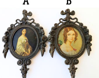 Small Brass Ornate Framed Picture in Victorian style, Oval brass Frame with serigraphy Victorian Lady, Italian ornate brass photo Frame