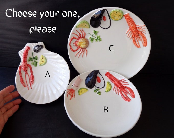 Ceramic Fish Dish Circle Plate With 3D Lobster and Shells Etsy