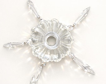 Vintage Clear Glass Bobeche with 5 Icicle Prisms and Octagonal Connectors – 10 cm Diameter
