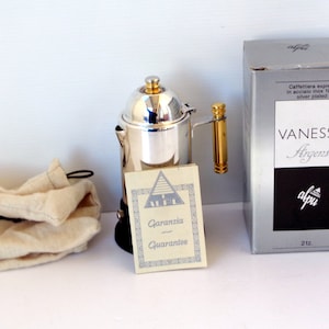 Vintage Italian espresso silver plated 2/4 cups coffee maker Moka, brand New in original box Marked Alpu Puppieni Vanessa Argento Stainless