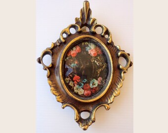 Heavy Bronze Ornate PhotoFrame with Stamped flowers Image, Art Nouveau Ornated Oval Frame, Wall Decor, Italian antiques wall hanging art