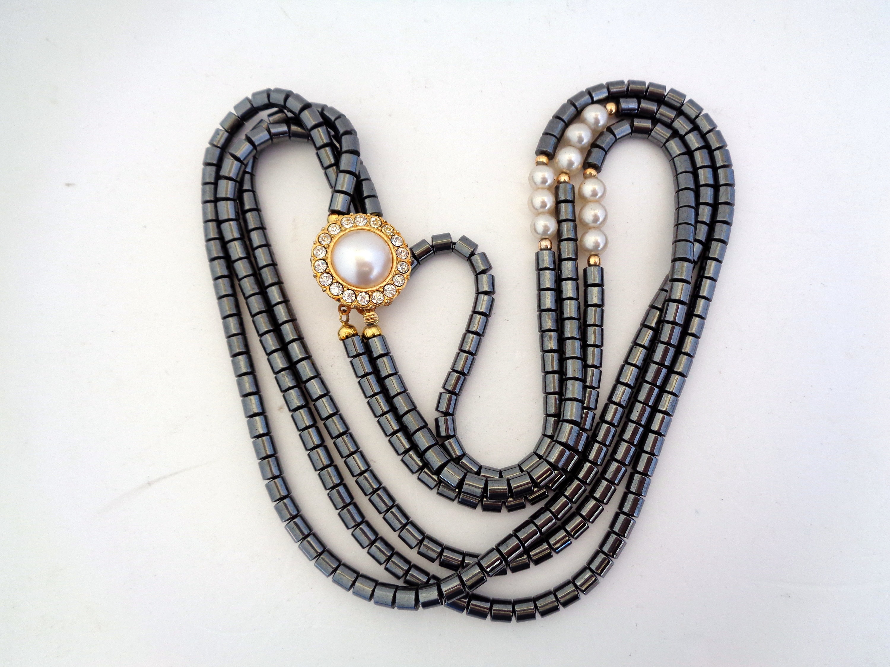 Vintage Italian Three-strand Necklace Hematite and Glass Pearled 