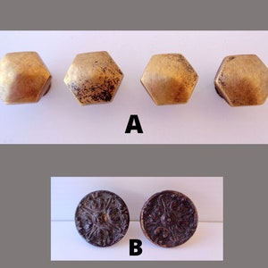 May include: Four antique brass hexagon cabinet knobs and two round, ornate knobs. The hexagon knobs have a worn, aged appearance. The round knobs feature a detailed floral design. These knobs are ideal for furniture restoration projects.