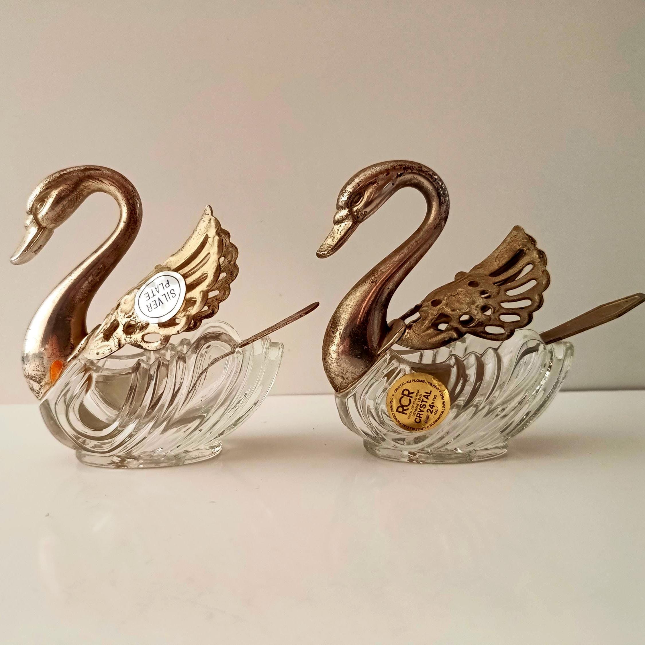 Pair of Vintage Italian 60s elegant  Crystal/ silver plated Swans with wings Salt Cellars