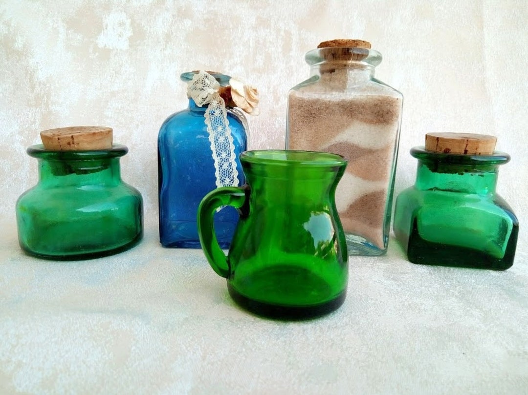 5 Small Vintage Jars Collection Green Clear Blue Glass Apothecary Old