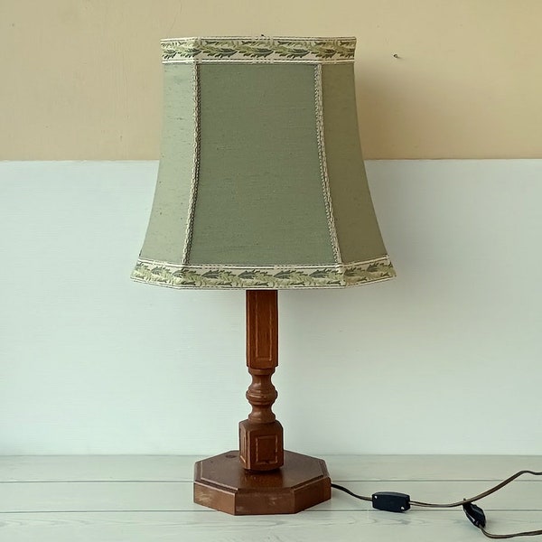 Vintage large Italian desk Lamp, solid wood base lamp, mint green colors lampshade, vintage table fabric lampshade bedroom lamp