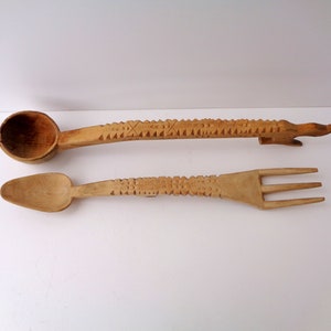 Vintage Giraffe Hand Carved Spoon and Fork. Meant for Display