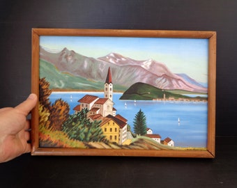 Paisaje italiano, Italia vintage, pintura al óleo de un paisaje italiano enmarcado en un sencillo marco de madera. Decoración italiana para colgar en la pared.