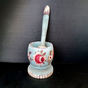 Vintage Italian wooden pestle and mortar, Beautiful hand painted floral pattern mortar, spice mortar, primitive rustic kitchen decoration