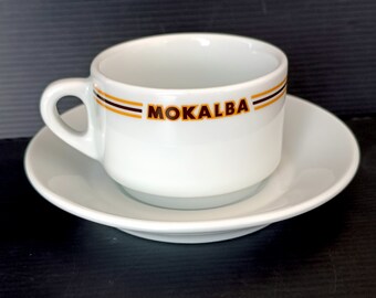 Vintage Italia Classic "Mokalba" cappuccino cup from bar in white porcelain with vintage coffee cups saucer, Italian bar American coffee cup