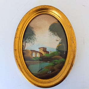 Vintage Italian signed painted landscape in gilded oval frame, old image in Oval wood frame