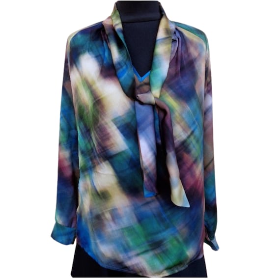 Vintage Italian blouse brand Operà fashion,poliester blouse, a cut  the bias with gentle shades of colors purple, beige, blue, green, brown