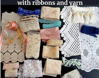 May include: Assortment of lace scraps, ribbons, and yarn in various colors and textures. Includes white, blue, pink, and beige lace, along with ribbons and yarn. The image features a variety of lace designs, including floral and geometric patterns. Text on top says: "20 pieces of lace scraps, along with ribbons and yarn."