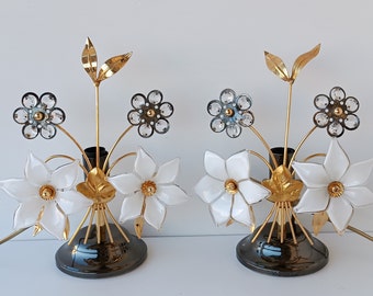Pair of Italian Vintage Floral Table Lamps • Murano Style White Glass Flowers • Mid‑Century Gold Leaf Lamps • E14
