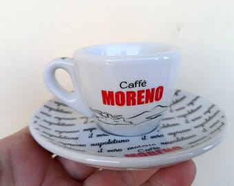 Vintage italienische klassische Caffe Moreno Espressotassen mit Untertasse, dicke Bartasse, Kaffeetasse und Untertasse der schweren Porzellanbar
