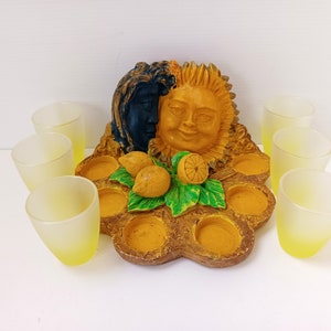 Vintage Italy drinking, Special set, matte yellow glass cups drinking Italian liquore Limoncello, in ceramic base Sun and Moon beakers