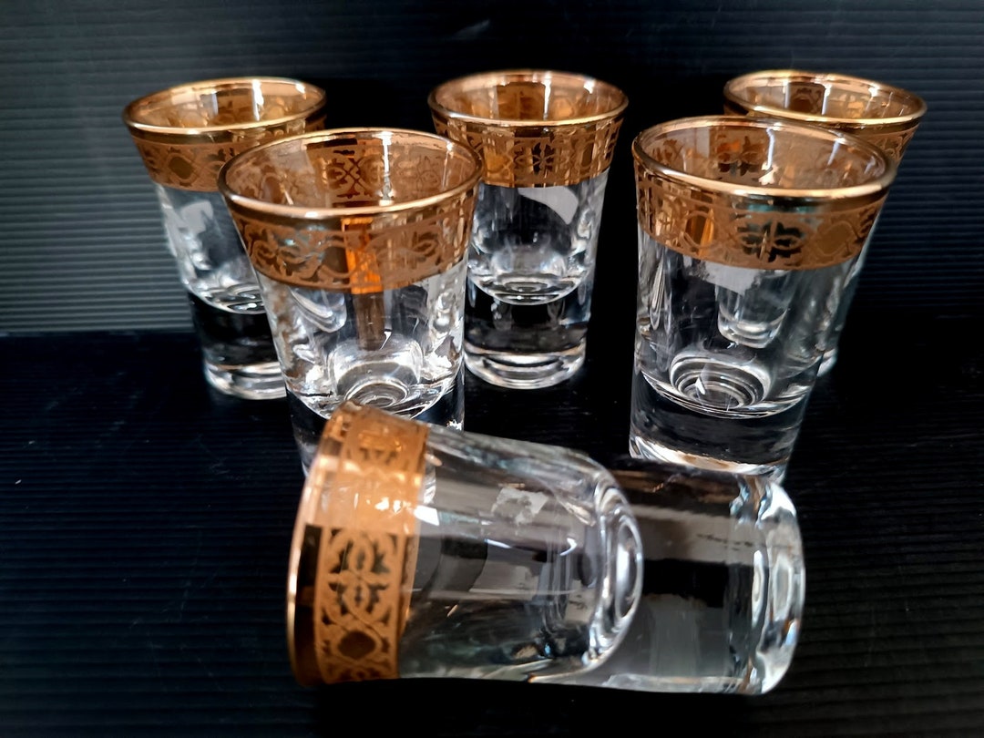 Rare Set of 6 Vintage Liqueur Glasses 1950s Golden Decorated Edge Gold