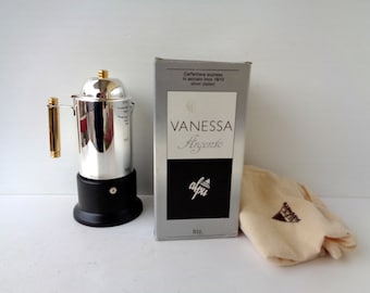 Vintage Italian espresso Moka silver plated 6 cups coffee maker, brand New in original box Marked Alpu Puppieni Vanessa Argento Stainless