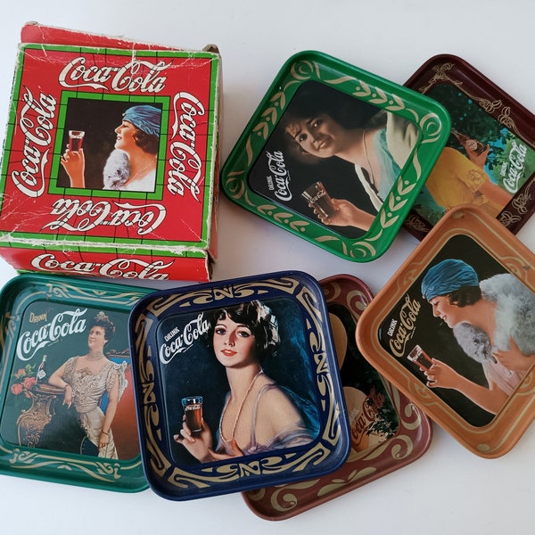 Collectable Coca-Cola coasters, vintage Italy 70s, set of 6 tin coasters, memory tin coasters- retro design - Kitchen accessory - metal tray