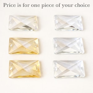 May include: Six rectangular faceted crystals arranged in two columns, with three clear crystals on the right and three light yellow crystals on the left. Each crystal features two small holes for sewing. The text Price is for one piece of your choice is visible at the top.