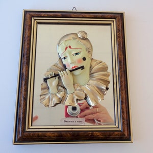 Precious Vintage Italy classic "Pierrot" silver plated 3D sculpture framed, vintage silver plated figure Sad Pierrot on the mirror's base