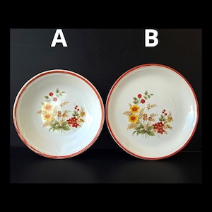 May include: Two round ceramic plates labeled A and B, featuring a cream-colored base with a scalloped edge and a thin orange rim. Each plate displays a central floral motif consisting of yellow and red flowers, green leaves, and wheat stalks.