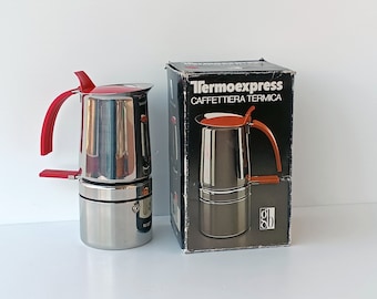 Stary ekspres do kawy espresso ze stali nierdzewnej, przybory kuchenne, akcesoria barmańskie, ekspres do kawy oznaczony Bialetti „Termoexpress” kolekcjonerskie przedmioty wyprodukowane we Włoszech
