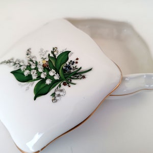 Vintage Lemoges France porcelain with flowers lily of the valley hand painted jewelry box, white porcelain box ornated,  engagement gift