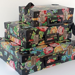 Conjunto de 3 maletas de almacenamiento de cartón floral vintage, maleta de cartón negro para almacenamiento, para sus proyectos creativos, retro italiana de los años 70