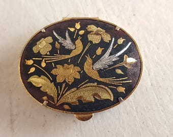 Vintage 1970s Damascene Pill Box from Toledo – Enamel Trinket Box with Birds & Flowers, Spanish Black Gold Mini Jewelry Box 3.5x2.5cm