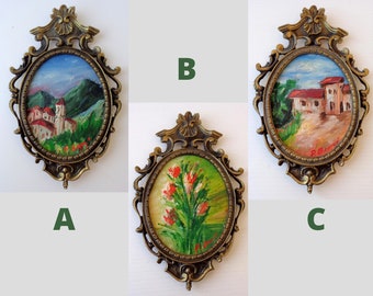 Brass Ornate Photo Frames with signed painted flowers or landscape Picture, Art Nouveau Oval Frame, Wall Decor, Italian antiques painted
