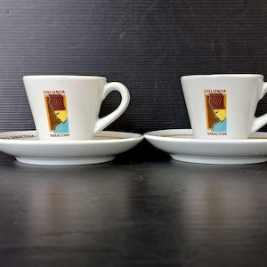 Pair of vintage 1990s  Italian espresso cups Italian Classic &quot;Colonia Saracena&quot; cup from bar in porcelain with vintage coffee cups saucer